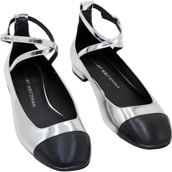 Stuart Weitzman Eden Strap Cap-Toe Flats Silver/Black Women US 7M EU 37.5 - Picture 1 of 6